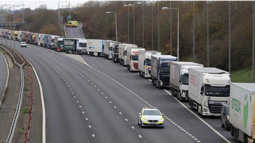 Lorries queuing on the M20 in Kent to use the Channel Tunnel in November