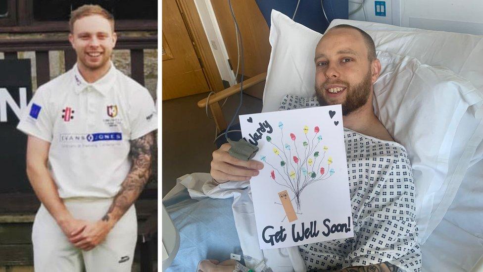 Liam Ward in his hospital bed and also in his cricket whites