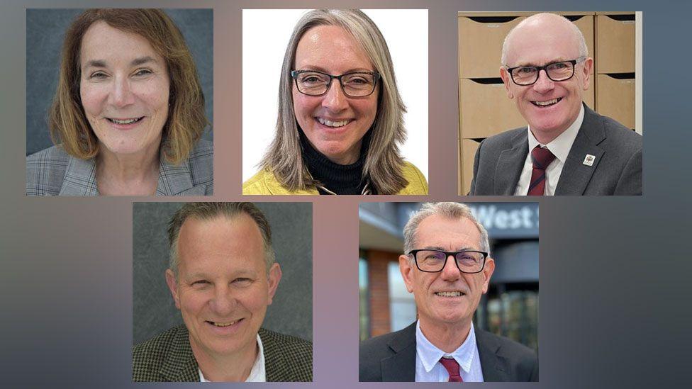 (Left to Right) Suffolk's district council leaders - Deborah Saw, Caroline Topping, Neil Macdonald, Andy Mellen and Cliff Waterman