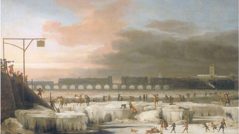 The River Thames viewed, probably, from Old Swan Stairs looking east with old London Bridge in the middle distance