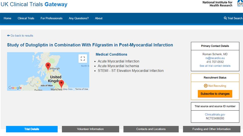 Screen grab from UK Clinical Trials Gateway website