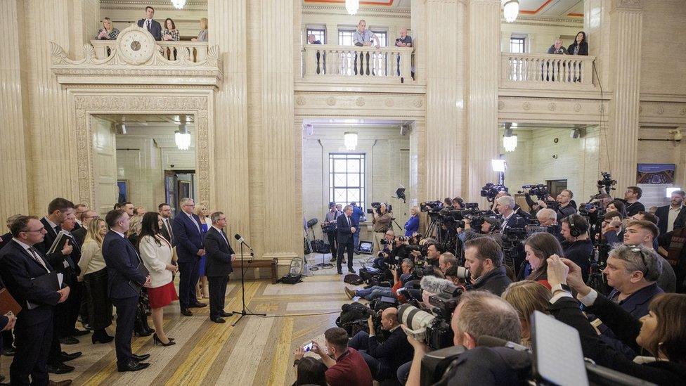 Sir Jeffrey Donaldson speaking to the press at Stormont on Saturday