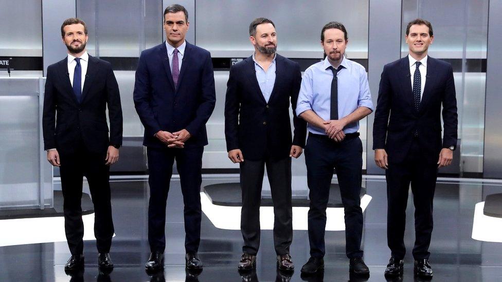 (L-R): Pablo Casado, Pedro Sánchez, Santiago Abascal, Pablo Iglesias and Albert Rivera