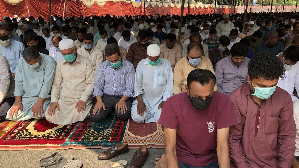 Worshippers gather to pray at a mosque in Lahore last week