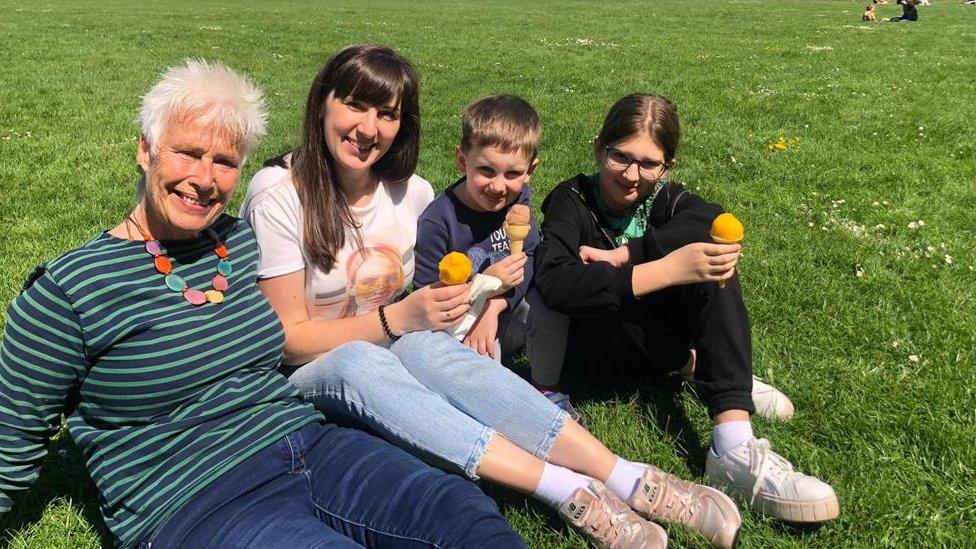 Left to right: Anne Hollington, Yuliia, Matvii and Sofiia in Taunton park