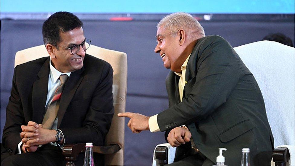 ice President Jagdeep Dhankar, and Dr. Justice DY Chandrachud, Chief Justice of India during the 8th Dr. L M Singhvi Memorial Lecture on the theme Universal Adult Franchise: Translating India " Political Transformation into a Social Transformation' at Ambedkar Bhawan on December 2, 2022 in New Delhi, India.