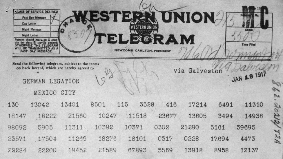 Zimmermann Telegram as received by the German ambassador to Mexico