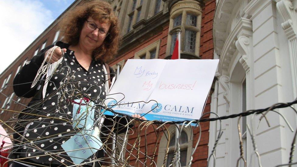 Pro choice campaigner outside Tynwald, Isle of Man