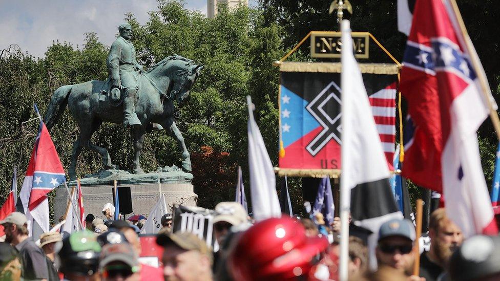 General crowd shot from Charlottesville protests. Violence broke out at the "Unite the Right" rally in Charlottesville before the attack that killed counter-protester Heather Heyer