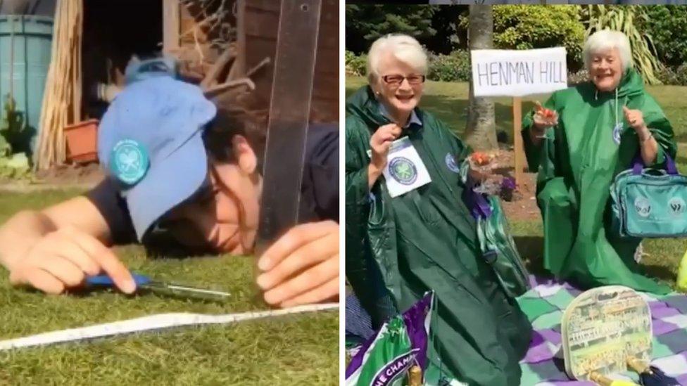 Pretending to cut grass at wimbledon.