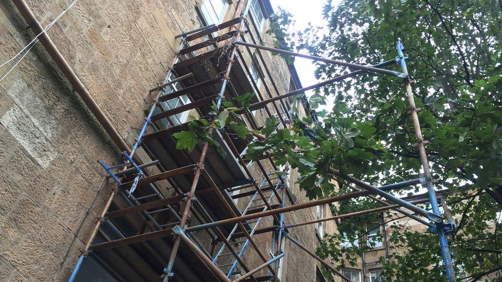 Scaffolding on the back of a sandstone tenement building in Glasgow, which is home to the Sikorski Polish club.