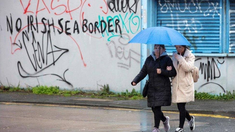 Graffiti opposing the Northern Ireland Protocol in a loyalist area of south Belfast