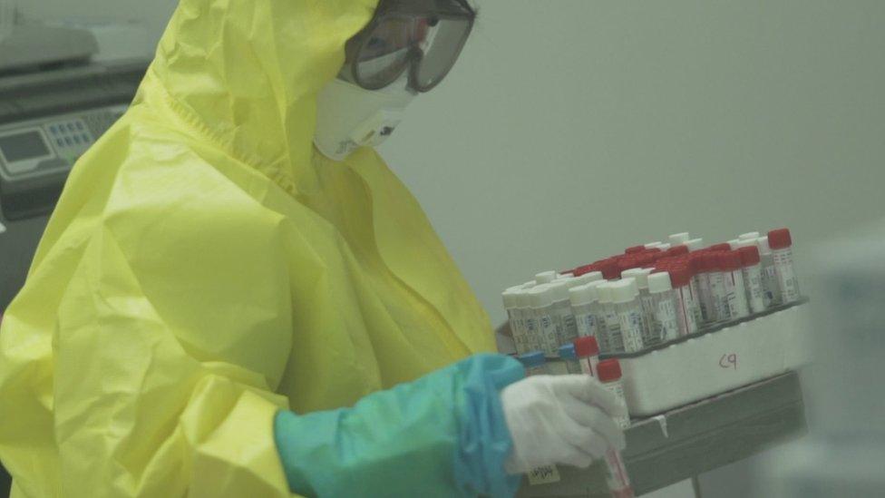 Doctor carrying test tubes with samples at Green Cross laboratories just outside Seoul