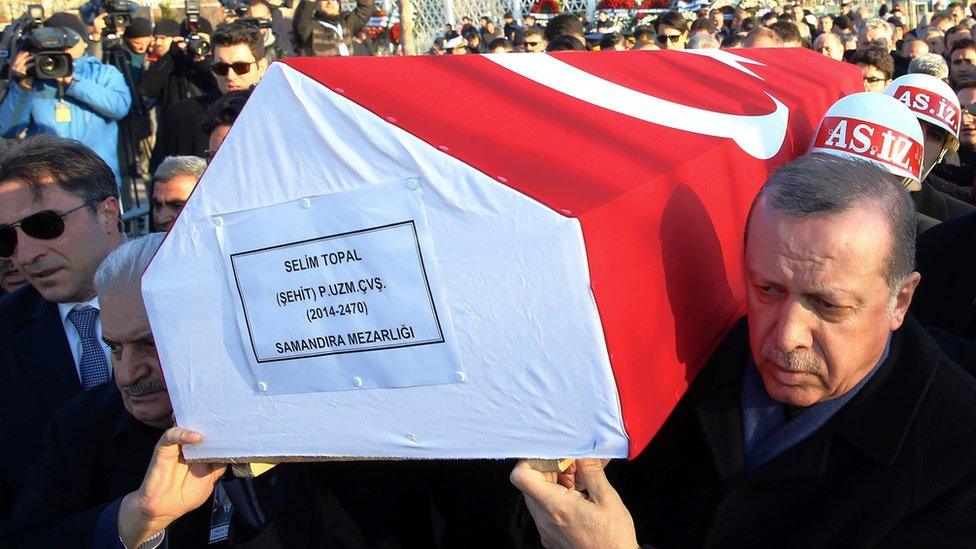 Turkey's President Recep Tayyip Erdogan, in Istanbul in January, carrying the coffin of a Turkish soldier killed in a IS attack near al-Bab