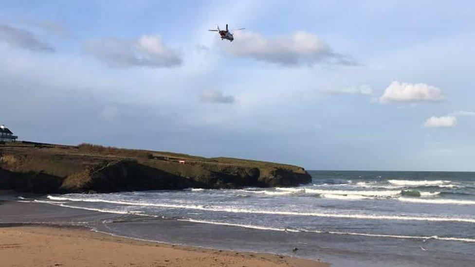 Rescue helicopter at Treyarnon Bay