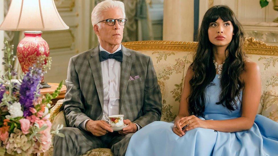 Ted Danson and Jameela Jamil in The Good Place