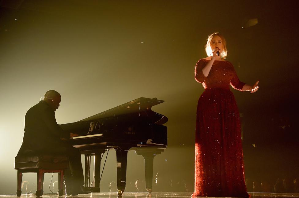 Adele performing at the 2016 Grammy awards