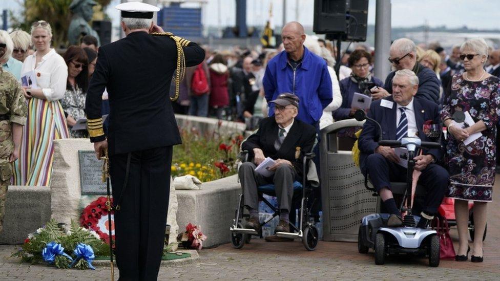 Admiral Sir Philip Jones (left) salutes after laying a wreath during a national commemoration service at the Falklands Gardens in Gosport to mark the 40th anniversary of the Falklands War