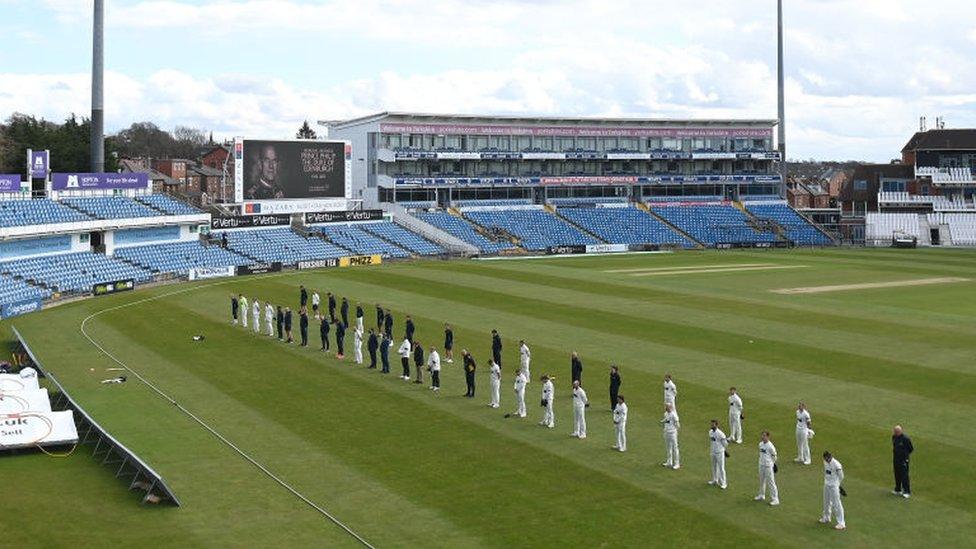 The players and officials from both teams take part in a two minute silence in remembrance of His Royal Highness Prince Philip The Duke of Edinburgh during day two of the LV