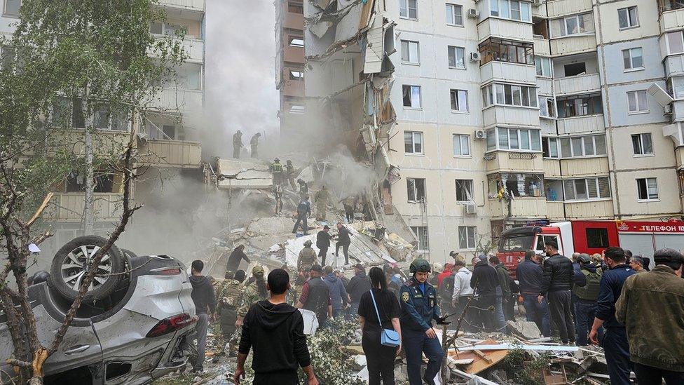 An apartment block partially collapsed