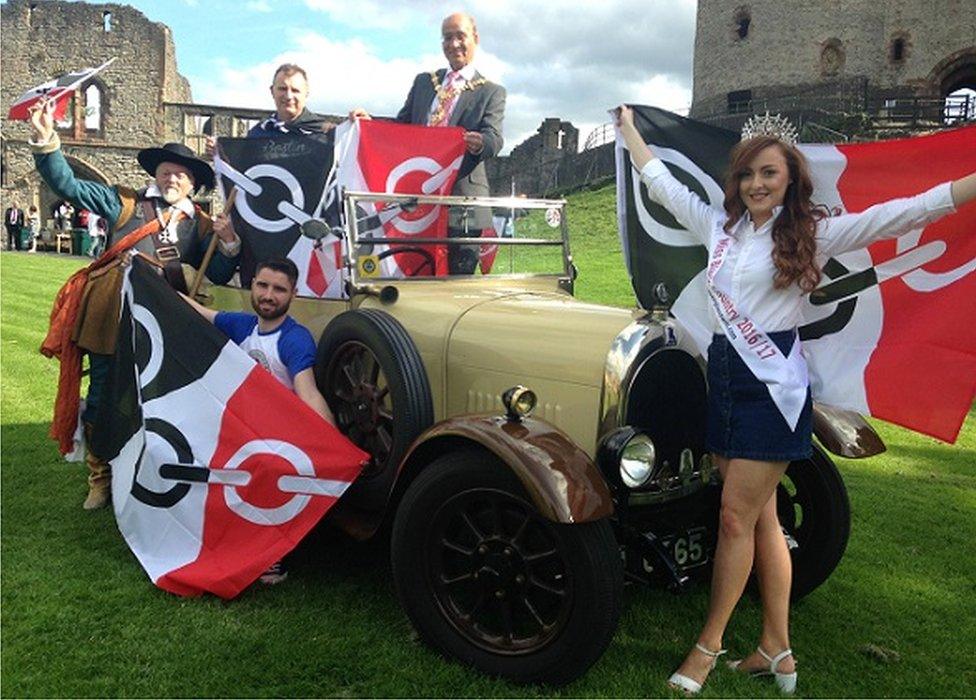 Front, Miss Black Country, Abigail Cutler, with Steve Edwards from the Black Country Festival, Adrian Durkin in costume. Back councillor Pete Lowe and councillor Mohammed Hanif