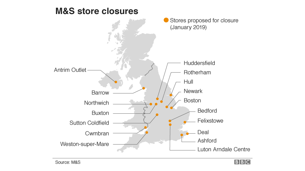 Map of locations for proposed Marks & Spencer store closures