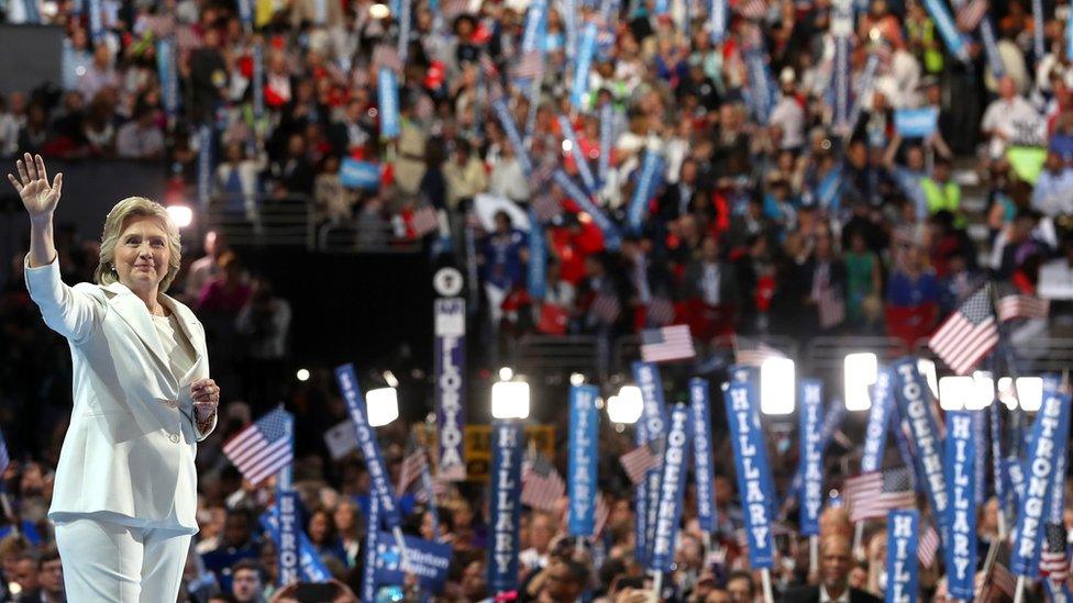 Democratic presidential candidate Hillary Clinton acknowledges the crowd at the end on the fourth day of the Democratic National Convention