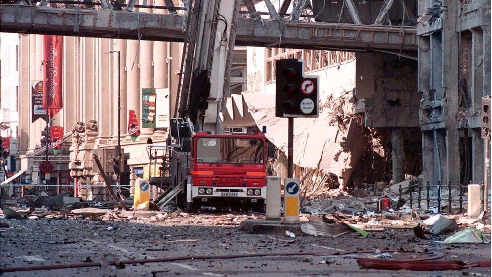 Bomb scene in Manchester in 1996