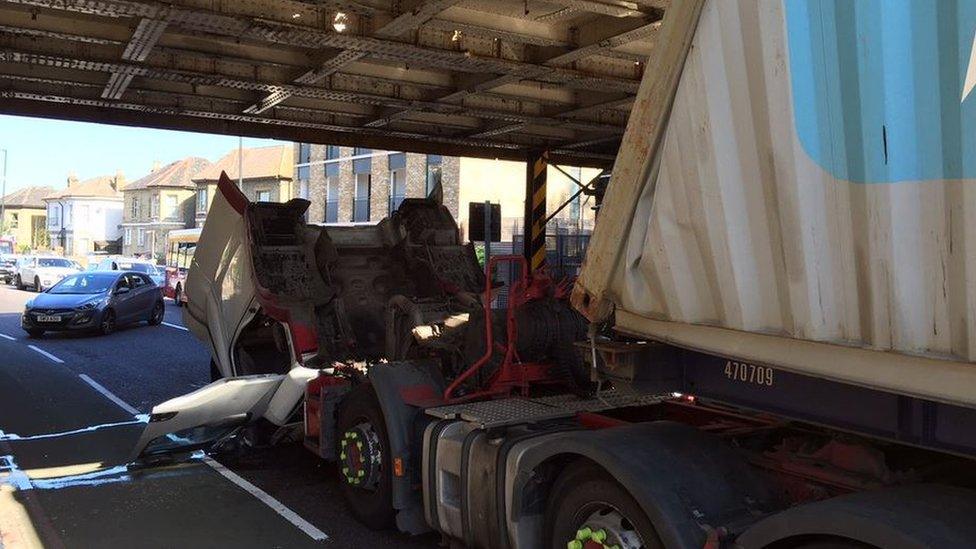 Lorry crash under railway bridge