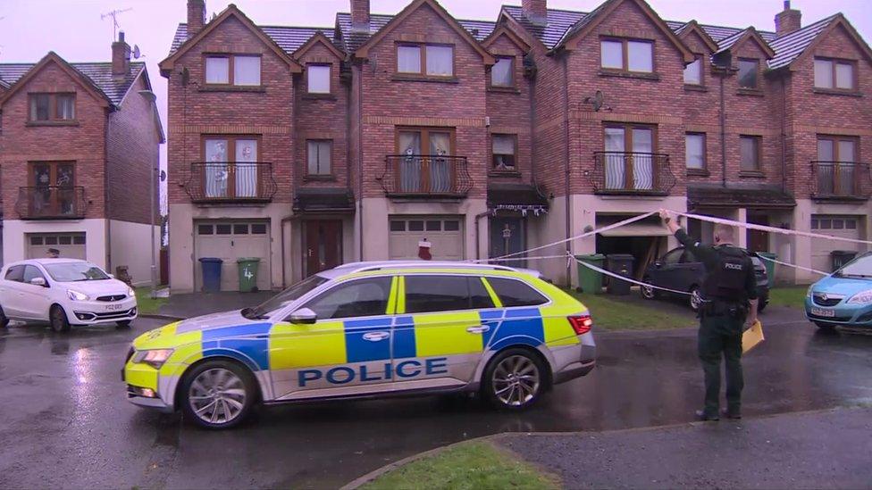 Police were still at the crime scene in Silverwood Green earlier on Friday