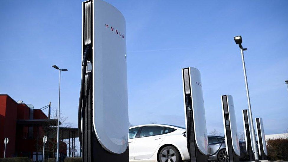 A Tesla electric vehicle charging station