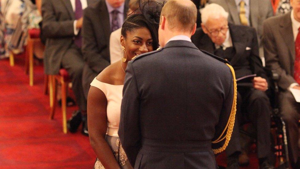 Kadeena Cox receiving her MBE from the Duke of Cambridge