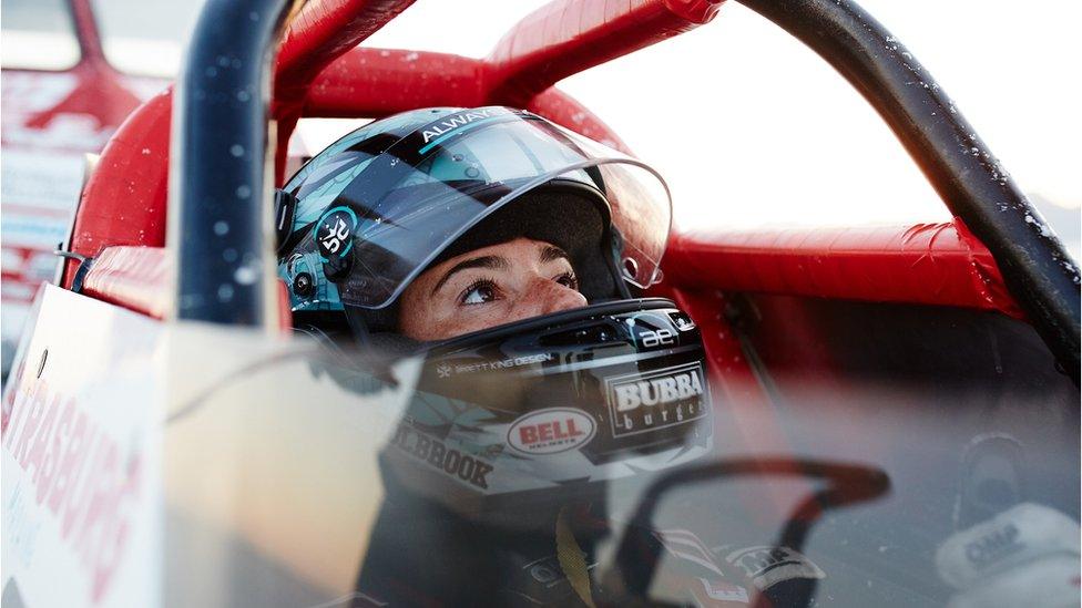 Shea Holbrook with a helmet on in a dragster on 16 September 2018.