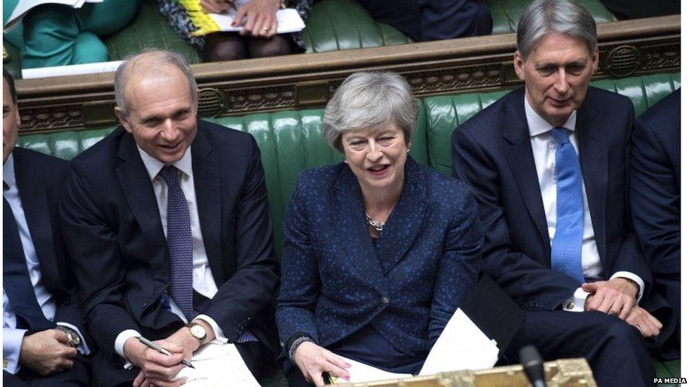 Philip Hammond sitting next to Theresa May in Parliament