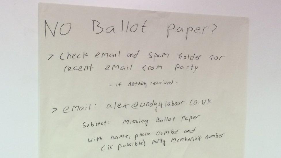 Instructions on what to tell supporters missing ballot papers were pinned up at the Burnham campaign HQ