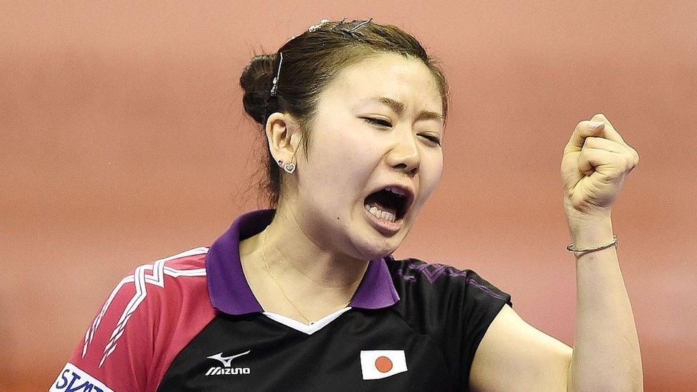 Ai Fukuhara of Japan reacts after winning a set against Kristin Silbereisen of Germany