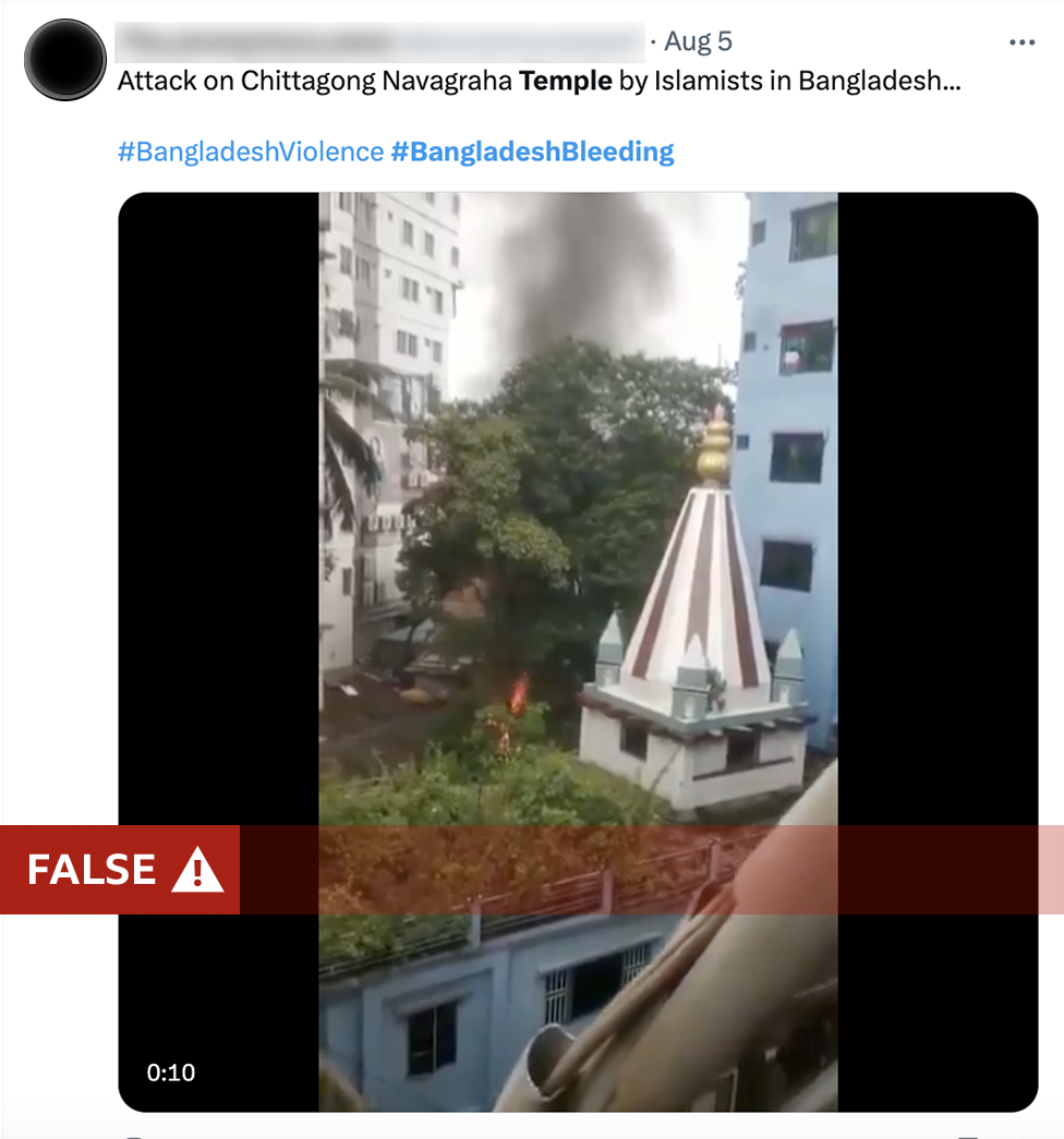 An X (formerly known as Twitter) post with a picture of a Hindu temple with smoke in the background. It falsely claims the temple is on fire.