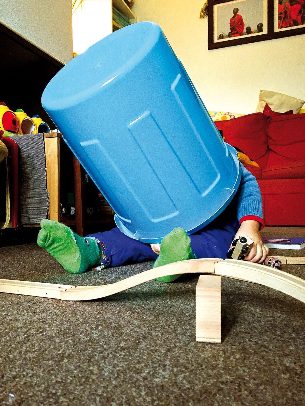 Playing with toy train