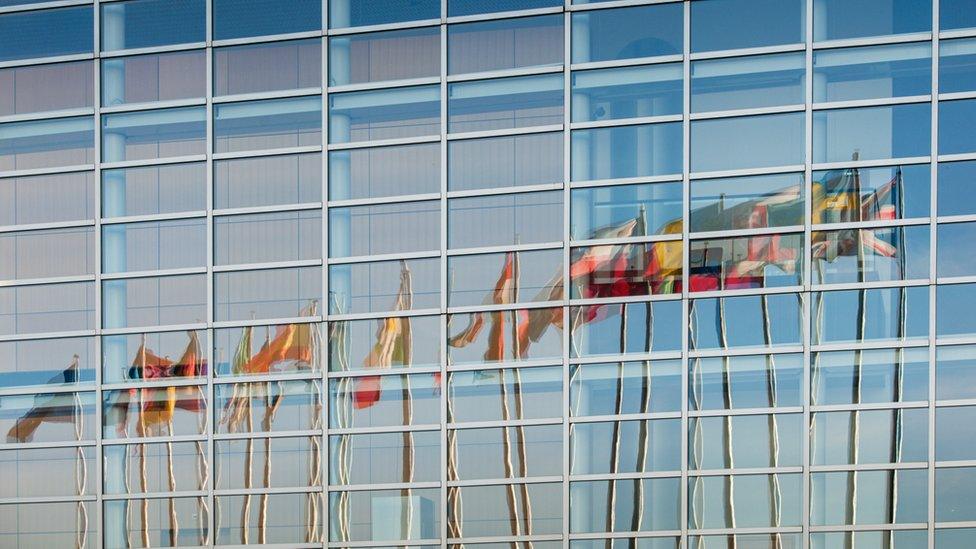 All European Union member countries flags reflected in European Parliament facade in Strasbourg, France