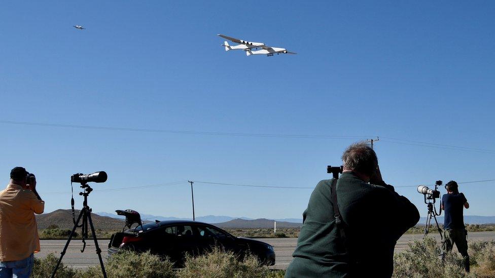 Stratolaunch, the world's largest plane, takes its maiden flight over California, April 2019