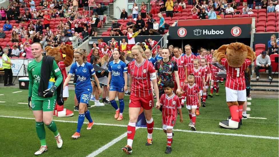 Players from Everton and Bristol City walk out at Ashton Gate for a Barclays WSL match