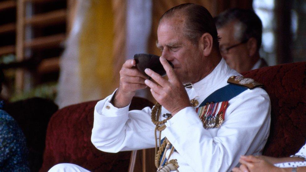 Prince Harry's grandfather, the Duke of Edinburgh, trying Kava during a visit to Fiji in 1982