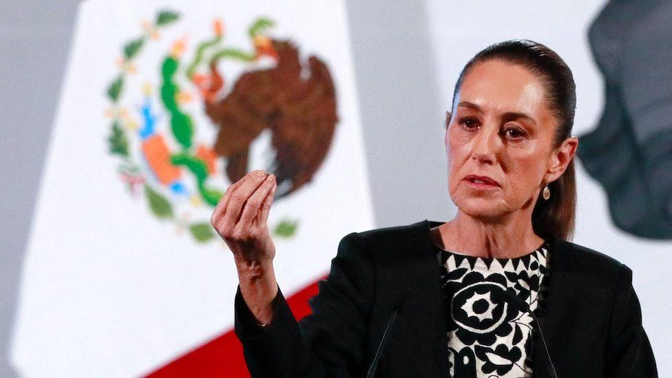 Mexico's President Claudia Sheinbaum makes comments at a news conference. She is dressed in a black and white patterned top with a black jacket over it. Her dark hair is tied back.Behind her is the seal of the Mexican  presidency.