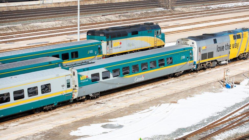 Passenger rail trains sitting idle at Union Station in Toronto