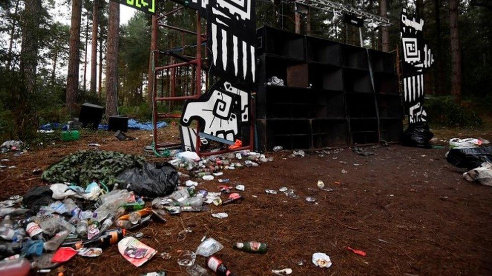 Evidence from a suspected illegal rave is seen in Thetford Forest after police shut it down, in Norfolk