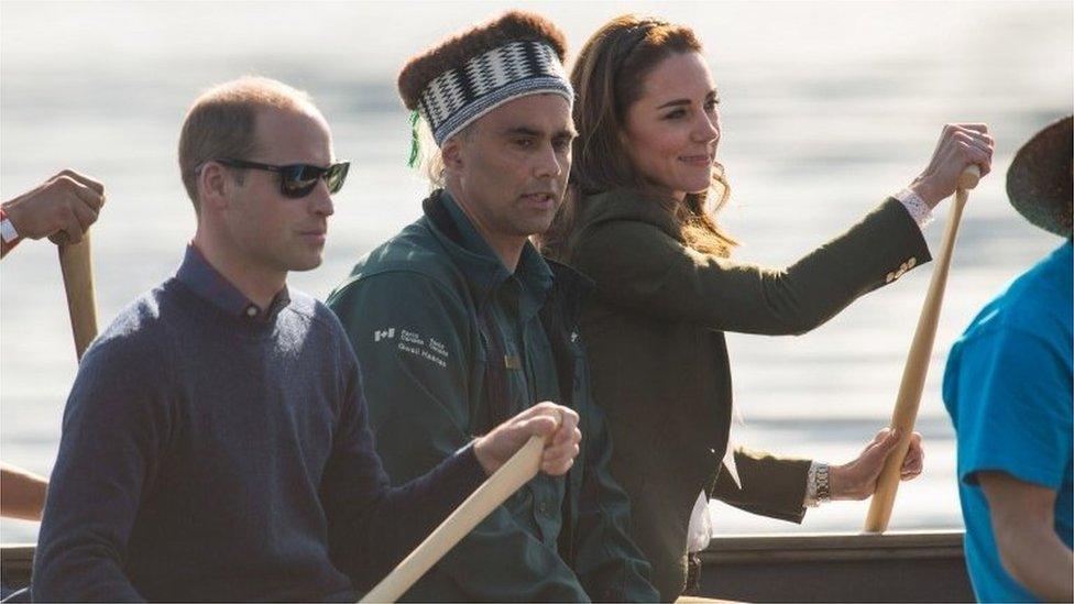 The duke and duchess of Cambridge tour in a canoe during a visit to Haida Gwaii in Skidegate