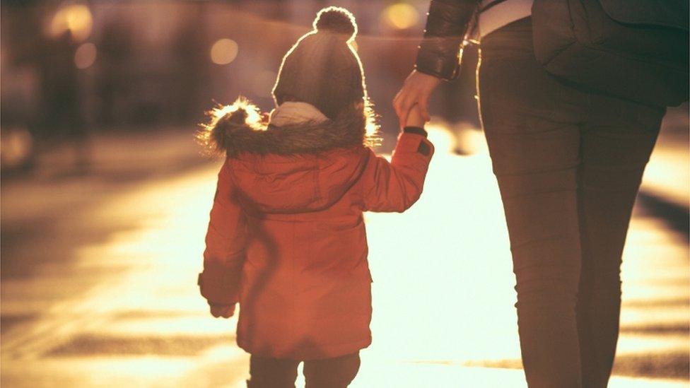 A child holding a woman's hand