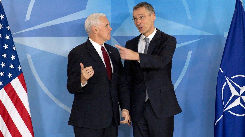 US Vice-President Mike Pence (L) and Nato Secretary General Jens Stoltenberg (R) in Brussels, Belgium, on 20 February 2017