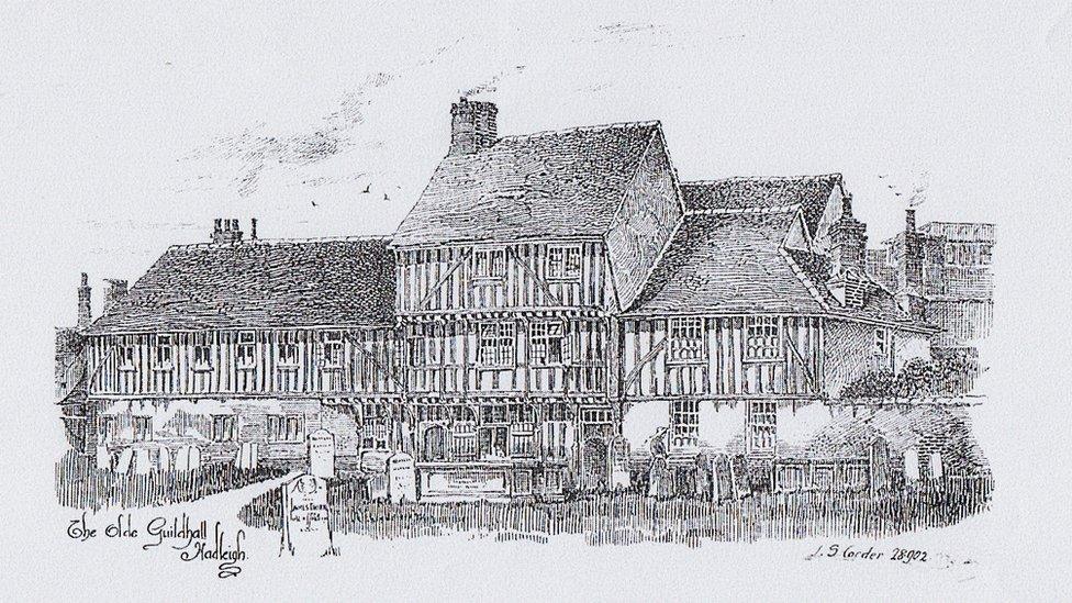 A black and white drawing of Hadleigh Guildhall