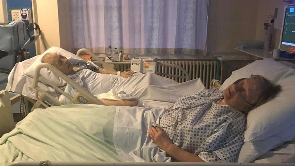 Mavis and Dennis Eccleston in hospital beds